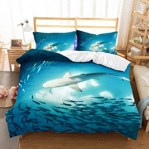  YJBear 3 Piece Christmas Brushed Bedding Set Deep Sea Big Shark Triangle Printed Quilt Coverlet Set for Boys Toddlers Bedroom Blue, 1 x Duvet Cover and 2 x Pillowcases, US King Siz