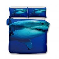 YJBear 3 Piece Christmas Brushed Bedding Set Deep Sea Big Shark Triangle Printed Quilt Coverlet Set for Boys Toddlers Bedroom Blue, 1 x Duvet Cover and 2 x Pillowcases, US Full Siz