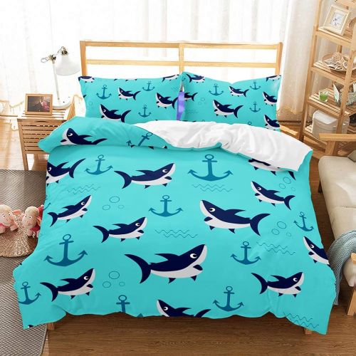  YJBear 3 Piece Christmas Brushed Bedding Set Undersea Water Great Shark Printed Quilt Coverlet Set for Boys Toddlers Bedroom Teal, 1 x Duvet Cover and 2 x Pillowcases, US King Size