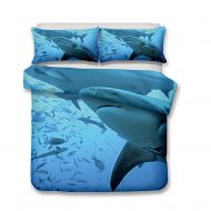 YJBear 3 Piece Christmas Brushed Bedding Set Undersea Water Great Shark Printed Quilt Coverlet Set for Boys Toddlers Bedroom Blue, 1 x Duvet Cover and 2 x Pillowcases, US Full Size