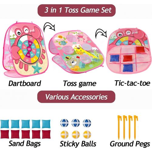  YKLWORLD Bean Bag Toss Games Outside Toys for Kids, Cornhole and Dart Board with 10 Bean Bags, 6 Sticky Balls, 4 Ground Nails