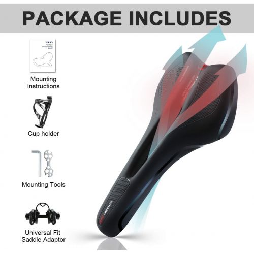  YLG Road Bike Seat MTB Saddle for Mountain Bikes - Gel Bicycle Saddle Breathable Waterproof with Central Relief Zone and Ergonomics Design with Bottle Cage