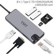YMY 8 in 1 USB-C Hub, Type C to HDMIVGARJ45USB CUSB3.0SDTF Card for Apple MacBook,Chromebook, XPS13, Thunderbolt 3 Fast Speed (Space Gray)