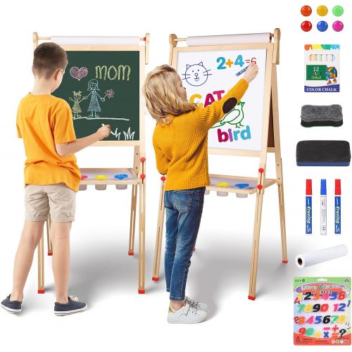  [아마존베스트]YOHOOLYO Kids Wooden Art Easel with Paper Roll, Double Sided Whiteboard Chalkboard Children Easel,Adjustable Height Magnetic Dry Easel Drawing with Kids Art Easel Playset for Boys