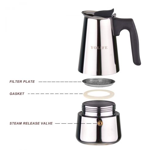  YOLIFE 4 Cup Stovetop Espresso Maker,Stainless Steel Italian Coffee Moka Pot for Small Induction Cookers,200ml/7oz(1 Cup=50ml) (4 CUP(200ml))