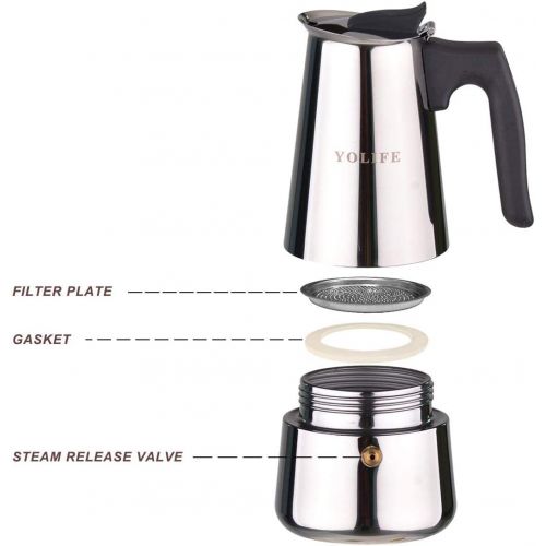  YOLIFE Mini Stovetop Espresso Maker, Induction Small Moka Pot for Italian Coffee, Cappuccino and Latte, Stainless Steel,4CUP (1Cup= 50ml) (200ml / 7oz)