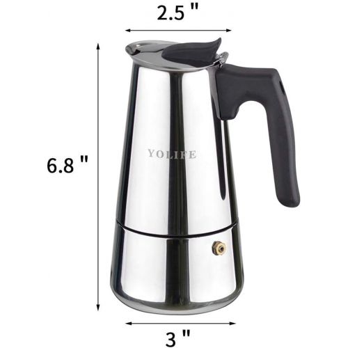  YOLIFE Mini Stovetop Espresso Maker, Induction Small Moka Pot for Italian Coffee, Cappuccino and Latte, Stainless Steel,4CUP (1Cup= 50ml) (200ml / 7oz)