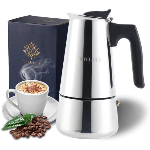  YOLIFE Mini Stovetop Espresso Maker, Induction Small Moka Pot for Italian Coffee, Cappuccino and Latte, Stainless Steel,4CUP (1Cup= 50ml) (200ml / 7oz)