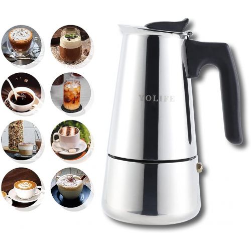  YOLIFE Mini Stovetop Espresso Maker, Induction Small Moka Pot for Italian Coffee, Cappuccino and Latte, Stainless Steel,4CUP (1Cup= 50ml) (200ml / 7oz)