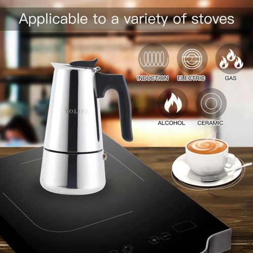  YOLIFE Mini Stovetop Espresso Maker, Induction Small Moka Pot for Italian Coffee, Cappuccino and Latte, Stainless Steel,4CUP (1Cup= 50ml) (200ml / 7oz)