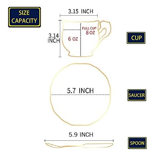  [아마존베스트]YOLIFE Ceramic Tea Cups with Saucers set, English Tea Cups Set, Flowering Shrubs Golden Leaves Edge, 8 Oz, Set of 2