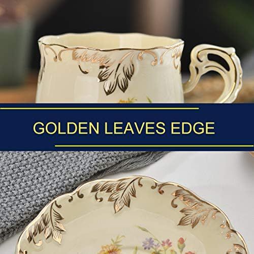  [아마존베스트]YOLIFE Ceramic Tea Cups with Saucers set, English Tea Cups Set, Flowering Shrubs Golden Leaves Edge, 8 Oz, Set of 2