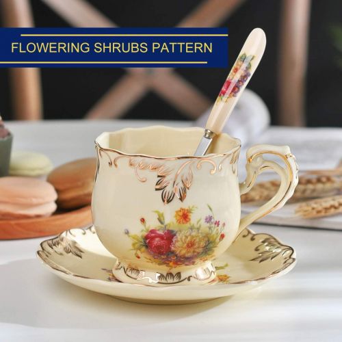  [아마존베스트]YOLIFE Ceramic Tea Cups with Saucers set, English Tea Cups Set, Flowering Shrubs Golden Leaves Edge, 8 Oz, Set of 2