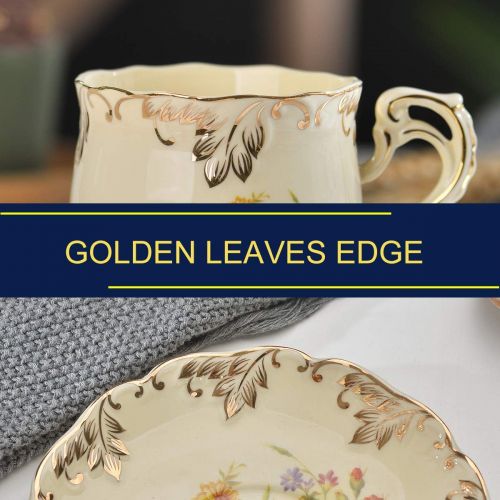  [아마존베스트]YOLIFE Ceramic Tea Cups with Saucers set, English Tea Cups Set, Flowering Shrubs Golden Leaves Edge, 8 Oz, Set of 2