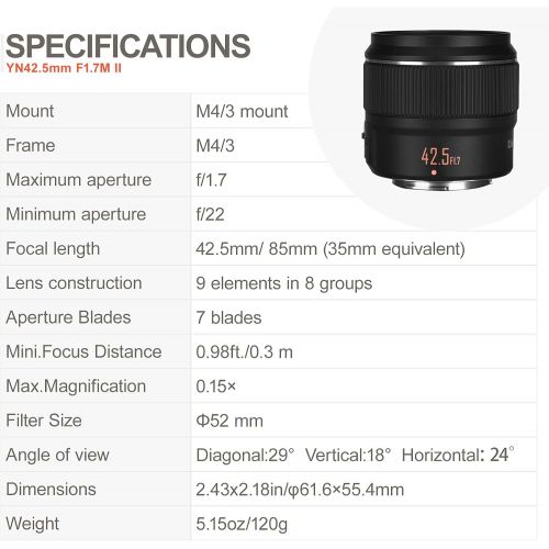  YONGNUO YN42.5mm F1.7M II Auto Focus Fixed Prime Lens for Micro Four Thirds Cameras
