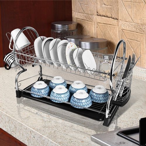  YOSHIKO 2-Tier Dish Rack and DrainBoard 22 x15 x10 Kitchen Chrome Cup Dish Drying Rack Tray Cultery Dish Drainer