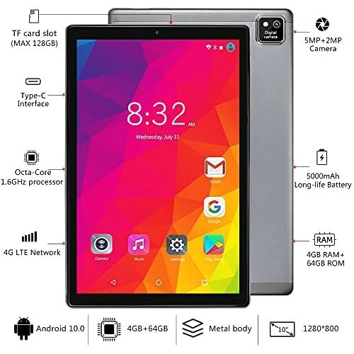  [아마존베스트]YOTOPT 10 Inch Android 10.0 Tablet with Keyboard and Mouse, Octa-Core, 64GB ROM, 4GB RAM, 4G Dual SIM, WIFI/GPS/Bluetooth/Type C, Color: (Grey)