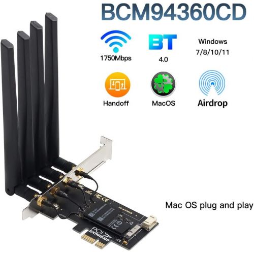  YOUBO Hackintosh WiFi Dual Band macOS WiFi Card BCM94360CD 802.11a/g/n/ac 1750Mbps BT4.0 PCIe Network Adapter Natively Support AirDrop Handoff (Plug and Play for macOS)