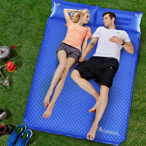  YOUKADA Sleeping-Pad Foam Self-Inflating Camping-Mat for Backpacking Sleeping Pad Double Sleeping Mat Camping Pad 2 Person Camping Mattress with Pillow for Hiking Camping Gear(Blue
