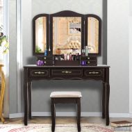 YOUKE Vanity Set, Tri-Folding Necklace Hooked Mirror, 7 Drawers, Makeup Dressing Table with Cushioned Stool Easy Assemble(Brown)