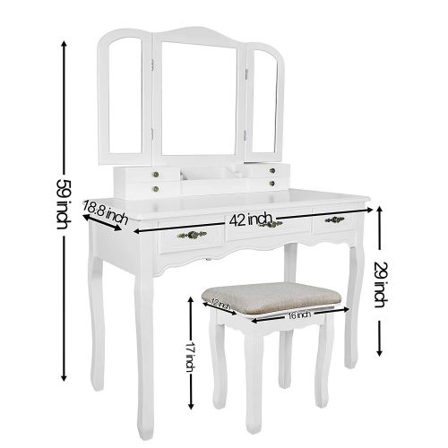  YOUKE Vanity Set, Tri-Folding Necklace Hooked Mirror, 7 Drawers, Makeup Dressing Table with Cushioned Stool Easy Assemble(White)