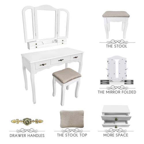  YOUKE Vanity Set, Tri-Folding Necklace Hooked Mirror, 7 Drawers, Makeup Dressing Table with Cushioned Stool Easy Assemble(White)