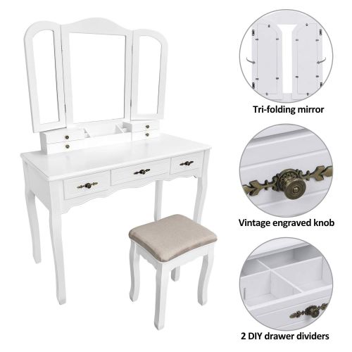  YOUKE Vanity Set, Tri-Folding Necklace Hooked Mirror, 7 Drawers, Makeup Dressing Table with Cushioned Stool Easy Assemble(White)