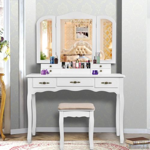  YOUKE Vanity Set, Tri-Folding Necklace Hooked Mirror, 7 Drawers, Makeup Dressing Table with Cushioned Stool Easy Assemble(White)