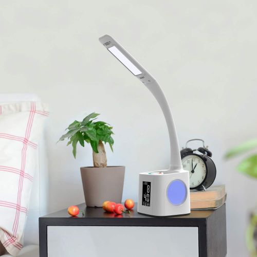  YOUKOYI Study LED Desk Lamp with USB Charging Port, Alarm Clock, Color Night Light, Touch Control, Pen Holder, Thermometer, Calendar, 3 Levels Dimmable Eye-Caring Table Lamp for St