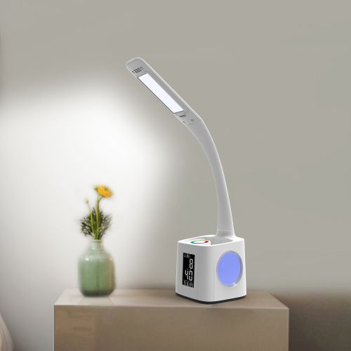  YOUKOYI Study LED Desk Lamp with USB Charging Port, Alarm Clock, Color Night Light, Touch Control, Pen Holder, Thermometer, Calendar, 3 Levels Dimmable Eye-Caring Table Lamp for St