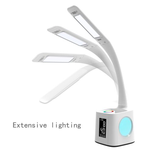  YOUKOYI Study LED Desk Lamp with USB Charging Port, Alarm Clock, Color Night Light, Touch Control, Pen Holder, Thermometer, Calendar, 3 Levels Dimmable Eye-Caring Table Lamp for St