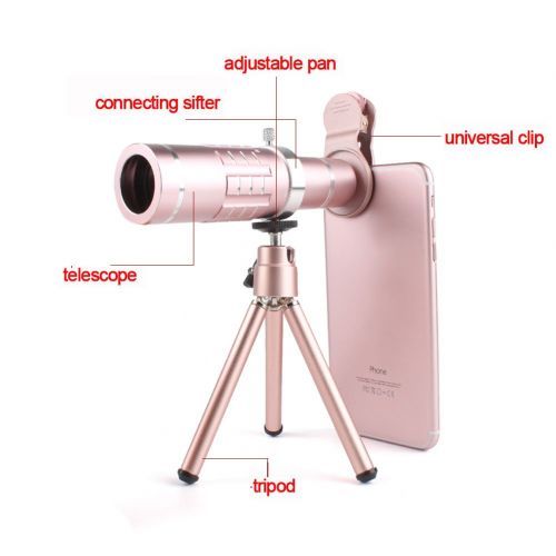  YOUNGFLY 4in1 18X HD Telephoto Lens Kit for Phone Camera, Zoom Telescope Telescopic Lens with Mini Tripod for iPhone Samsung Smartphone - Rose Gold