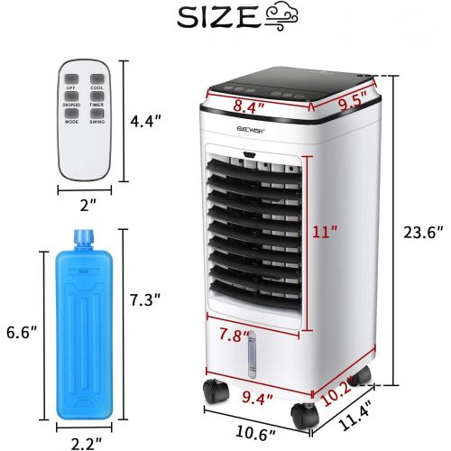  YOURLITE Portable Air Cooler Fan, Evaporative Cooler W/ Remote Control, 8 Timer 3 Speed Low Noise with 4 L Water Tank 2 Ice Box for Indoor Home Office