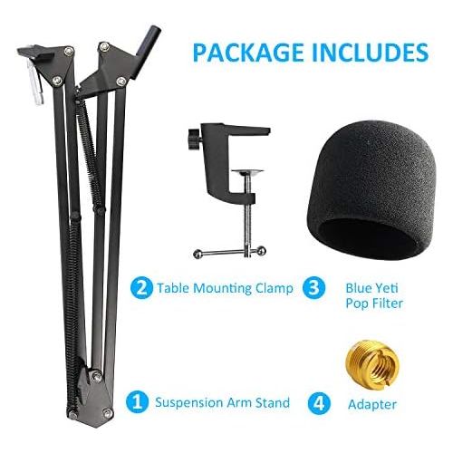  Adjustable Mic Shock Mount Suspension Boom Scissor Arm Stand and Microphone Windscreen Pop Filter for Blue Yeti by YOUSHARES