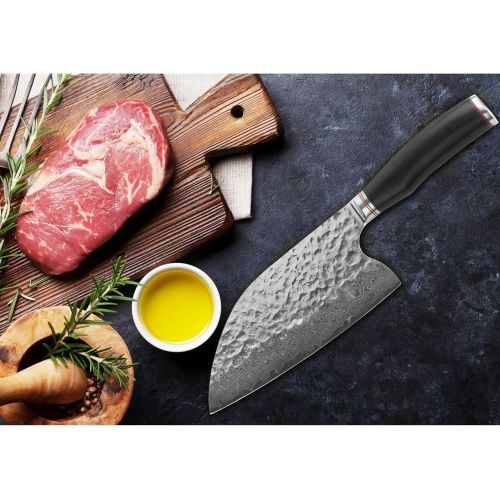  YOUSUNLONG Hybrid Cleaver 8 inch Meat Cleaver Outdoor Serbian Chef Knife-Japanese Damascus Steel - Leadwood Handle with Leather