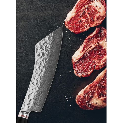  YOUSUNLONG Hybrid Cleaver Knife 9 Inch (22.86cm) Butcher Meat Knives - Japanese Hammered Damascus Steel - Slicer Meat, barbecue, minced meat - Natural Leadwood Wooden Handle with L