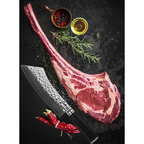  YOUSUNLONG Hybrid Cleaver Knife 9 Inch (22.86cm) Butcher Meat Knives - Japanese Hammered Damascus Steel - Slicer Meat, barbecue, minced meat - Natural Leadwood Wooden Handle with L