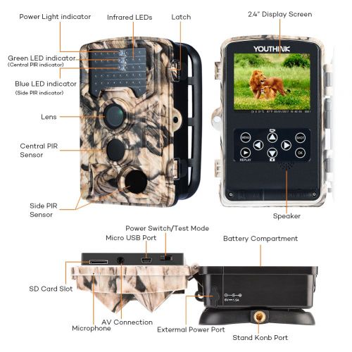  YOUTHINK Hunting Game Camera Wildlife Surveillance Trail Cameras, 16MP 1080P with 65ft Infrared Night Vision, 0.2s Motion Activated, 46pcs No Glow IR LEDs, IP56 Waterproof,120°PIR Sensors,2