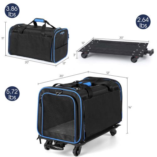 YOUTHINK Pet Wheels Rolling Carrier, Removable Wheeled Travel Carrier for Pets up to 20 lbs, with Extendable Handle & Detachable Fleece Bed, 20 x 12x 11, Black