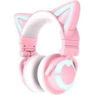 YOWU RGB Cat Ear Headphone 3G Wireless 5.0 Foldable Gaming Pink Headset with 7.1 Surround Sound, Built-in Mic & Customizable Lighting and Effect via APP, Type-C Charging Audio Cabl