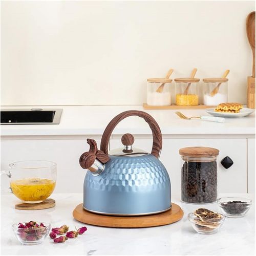  YSJJZDE Whistle Kettle 2.5 Quart Whistling Tea Kettle Stainless Steel Tea Pots for Stove Top Stylish Kettle with Wood Pattern Anti Slip Handle Kettle (Capacity : 2.5L, Color : 01bl