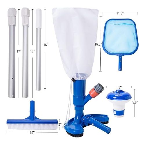  Pool Cleaning Kit Pool Vacuum Jet Cleaner Poor Brush Chlorine Dispenser Pool Skimmer Net with 3 - Section Pole Pool Maintenance Set for Above Ground Pools Spas Hot Tub Fountains