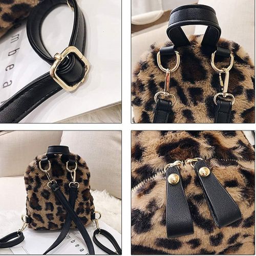  YSMYWM Women Leopard Print Faux Fur Backpacks School Bags Mini Daypack Soft Plush Shoulder Bag Rucksack