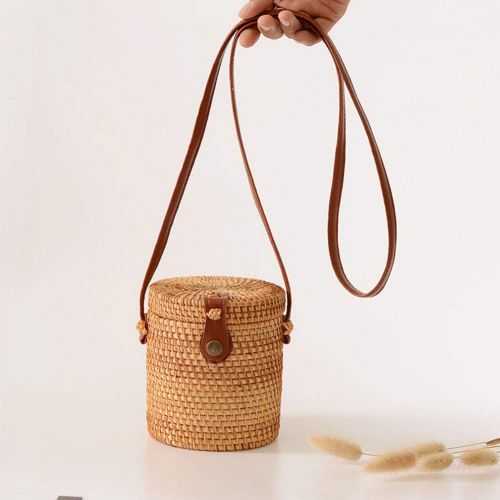  YUANLIFANG Round Woven Bag,Hand Woven Rattan Bag Braided Women Crossbody Bag Retro Summer Beach Shoulder Bag