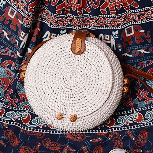  YUANLIFANG White Rattan Bag Women Handwoven Vintage Handbag Flip Hasp Round Shoulder Bag Natural Beach Messenger Bag Straw Bag