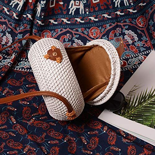  YUANLIFANG White Rattan Bag Women Handwoven Vintage Handbag Flip Hasp Round Shoulder Bag Natural Beach Messenger Bag Straw Bag