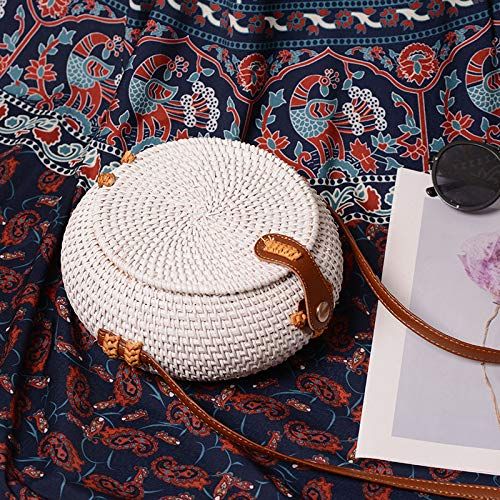  YUANLIFANG White Rattan Bag Women Handwoven Vintage Handbag Flip Hasp Round Shoulder Bag Natural Beach Messenger Bag Straw Bag