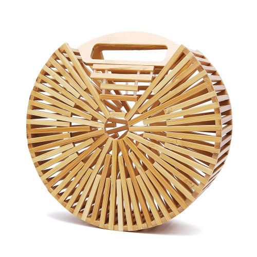  YUANLIFANG Handmade Women Bamboo Beach Bag Round Straw Female Handbag Hollow Rattan Bag Lady Tote Bag for Holiday Travel