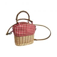 YUANLIFANG Straw Knitting Handbag Straw Rattan Red Plaid Canvas Splicing Shoulder Bag Woven Crossbody Basket Bag with Capacity