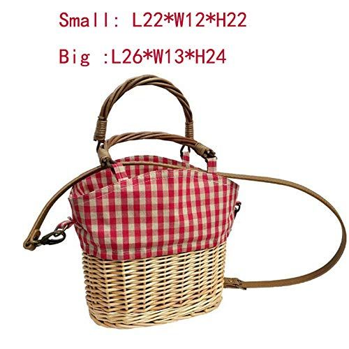  YUANLIFANG Straw Knitting Handbag Straw Rattan Red Plaid Canvas Splicing Shoulder Bag Woven Crossbody Basket Bag with Capacity